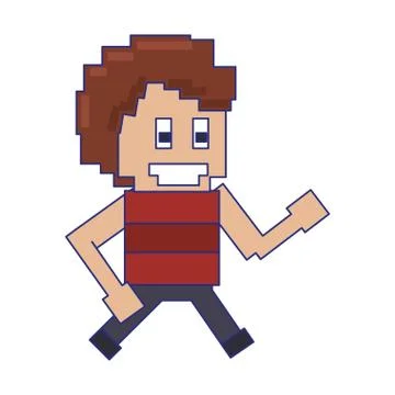 Retro videogame smiling guy characeter pixelated cartoon blue lines Ilustración de archivo