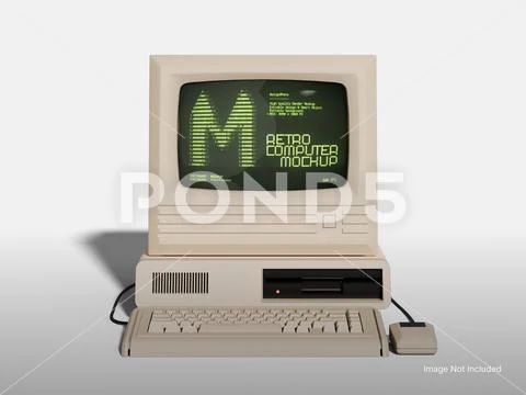 Retro Vintage Computer Mockup – Front View with Editable Screen PSD Template