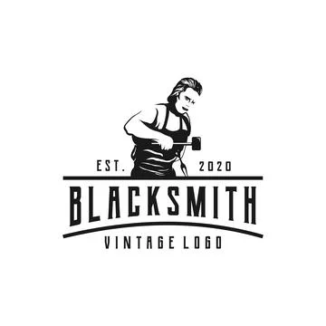 Retro Vintage logo for old forge. Blacksmith with hammer badge, forge and sle Illustrazione stock