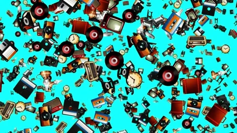 Retro Vintage Objects Falling Against a Vibrant Cyan Background Video stock 329457230