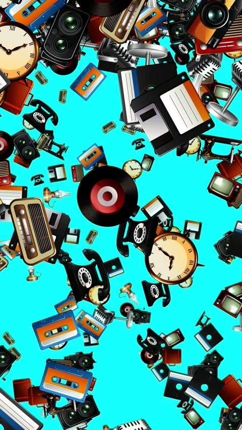Retro Vintage Objects Falling Down Against a Cyan Background Stock Footage 329008625