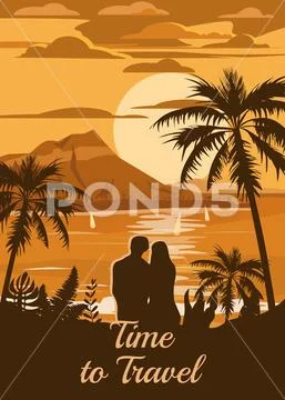 Retro Vintage style travel poster or sticker. Tropical island paradise couple of Stock Illustration