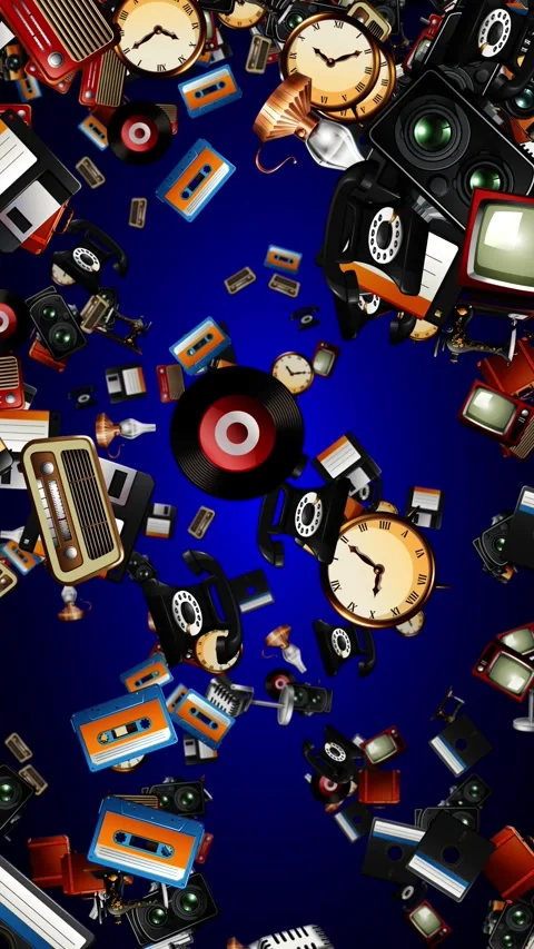 Retro Vintage Technology and Electronics Falling Against a Blue Background 库存影片 330145123