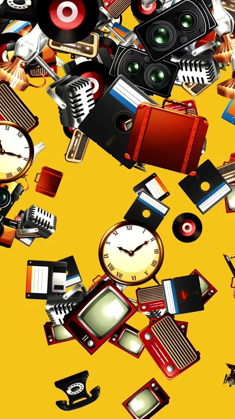 Retro Vintage Technology Objects Cascading Down Against Video stock 329008542