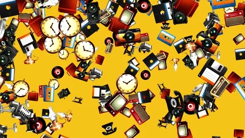 Retro Vintage Technology Objects Cascading Down a Bright Yellow Background Stock Footage 330638279
