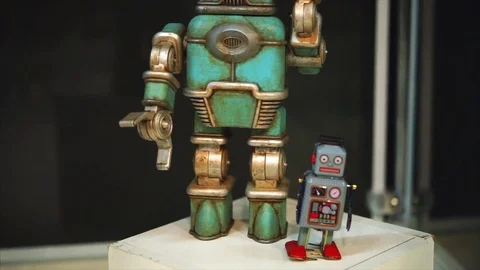 Retro vintage toys robots standing near Stock Video Pond5