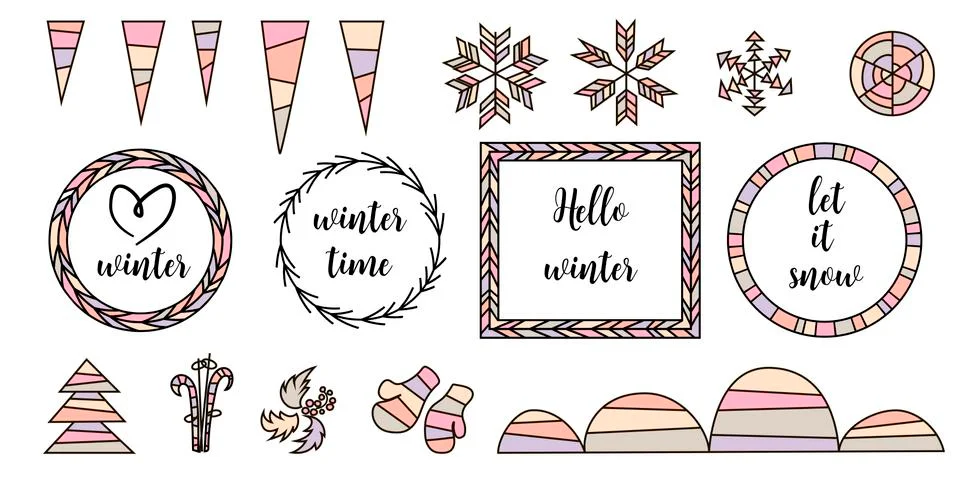 Retro vintage typographic design elements. Arrows, labels, tars, snowflakes,  Stock Illustration
