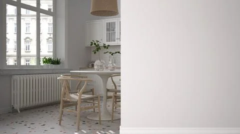 Retro vintage white kitchen with dining table and chairs on a foreground wall Illustrazione stock