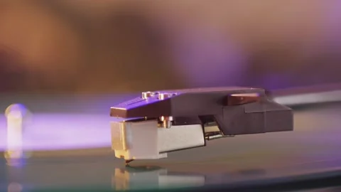 Retro Vinyl record player playing music, close-up macro shot of vintage LP disc Stock Footage 250134817