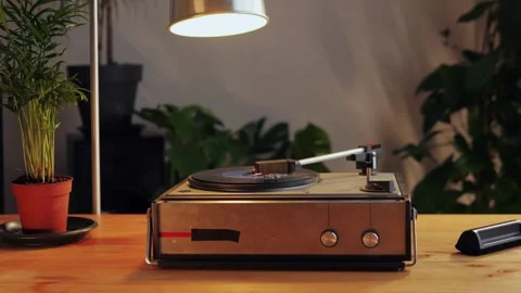 Retro Vinyl record player playing music, close-up macro shot of vintage LP disc Stock Footage 273377740