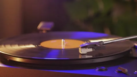 Retro Vinyl record player playing music, close-up macro shot of vintage LP disc Stock Footage 273378271