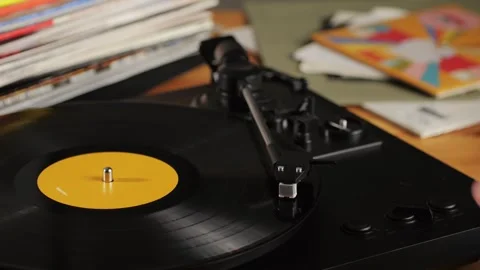 Retro Vinyl record player playing music, close-up macro shot of vintage LP disc Stock Footage 279759814