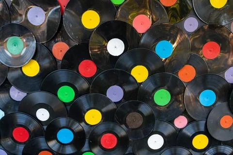 Retro Vinyl Records Background Pattern with Colorful Labels Stock-Fotos