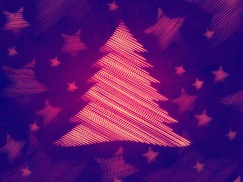 Retro violet background with christmas tree and stars Stock Illustration