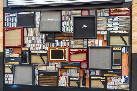 Retro Wall Composition of Vintage Radios and Music Equipment. London, UK, 29 Stock Photos