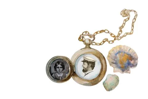 Retro watercolor double side opened locket with portraits of couple in style  Illustrazione stock