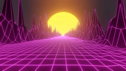 Retro Wave animation. Sun over the grid. Synthwave Landscape. Stock Footage 166529139
