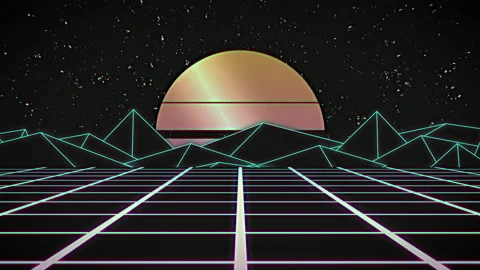 Retro wave animation with sun, space and laser grid on terrain Stock Footage 149266014