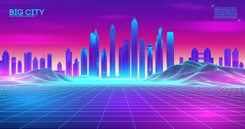 Retro wave background80s. City80s future retro synth illustration. Beach poster Stock Illustration