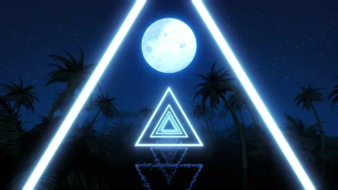 Retro wave style flyer along tropical river. Palm trees silhouettes. Moon sky Stock Footage 146453201