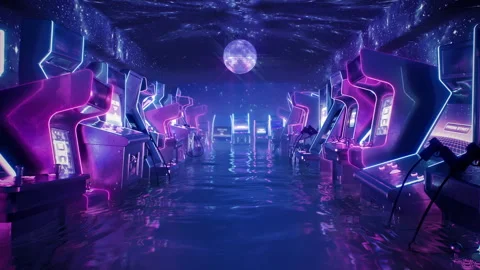 Retro wave style neon arcade hallway loop Stock Footage 294824209