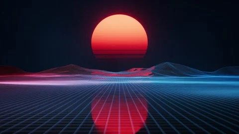 Retro wave sunset over digital landscape with glowing grid and mountains 库存影片 327114210