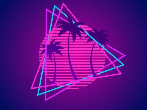 Retro waves banner with sun and palm trees in triangular frame. Futuristic .. 스톡 일러스트