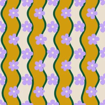 Retro Wavy Floral Pattern with Purple Flowers and Green Stripes. Stock-Illustration