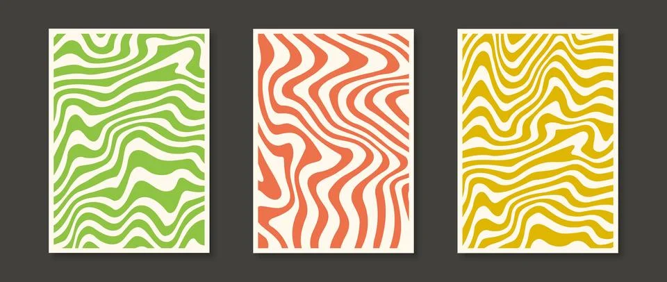 Retro wavy lines background set. Green, orange, yellow vintage psychedelic Stock Illustration