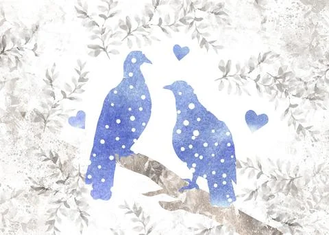 Retro wedding Horizontal creative design with a pair of birds on a branch and Ilustração Stock