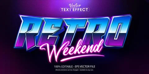 Retro weekend text, neon style editable text effect Stock Illustration