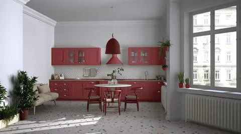 Retro white and red vintage kitchen with terrazzo marble floor, panoramic win Stock Illustration