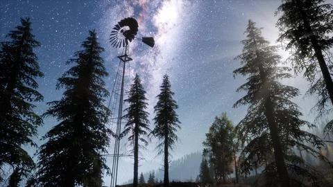 Retro Windmill in Mountain Forest Stock Illustration