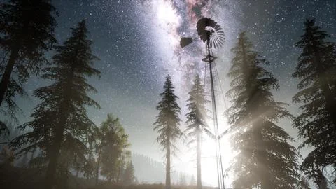 Retro windmill in mountain forest with stars. hyperlapse Stock Illustration