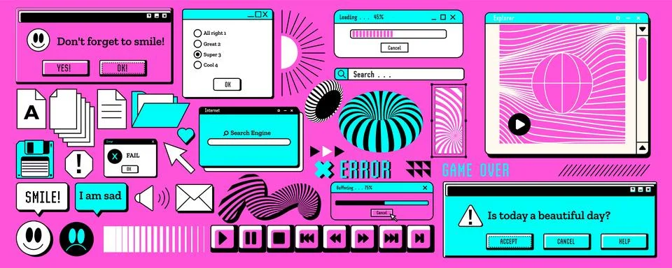 Retro window. Pixel 90s interface. Y2k style. PC browser. Computer desktop. V Stock Illustration