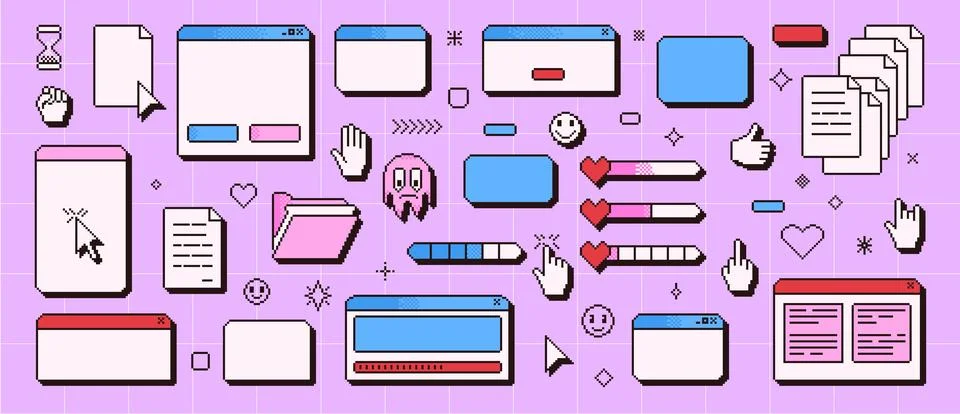 Retro windows interface in pixel art. 8 bit browser and popup elements with Stock Illustration