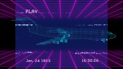 Retro wireframe airplane animation with VHS-style overlay and date stamp Stockbeeldmateriaal 303528627