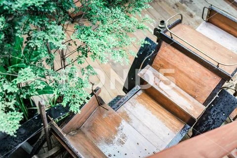 Retro wooden toy car over wooden table. room for text. nostalgia and simplicity Stock Photos