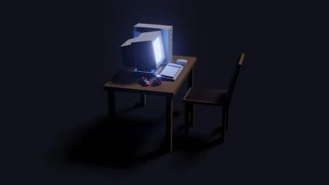 Retro working room with computer, mouse, keyboard on table with chair in cart Stock Photos