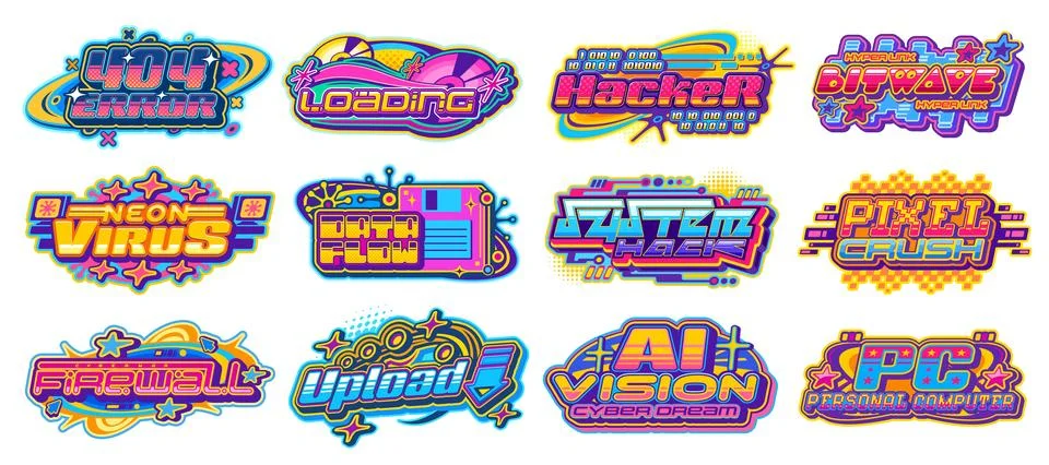 Retro y2k element computer technology icons set Stock Illustration