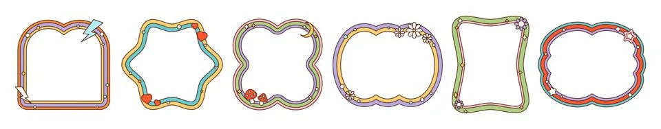 Retro y2k groovy wavy frames, hippie wave borders Stockillustratie