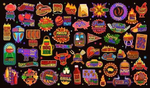Retro y2k meat and barbeque stickers, bbq labels Illustrazione stock