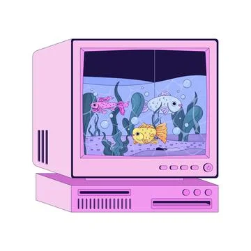 Retro Y2K old desktop computer aquarium 2D cartoon object Stock Illustration