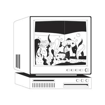 Retro Y2K old desktop computer aquarium 2D line object 스톡 일러스트