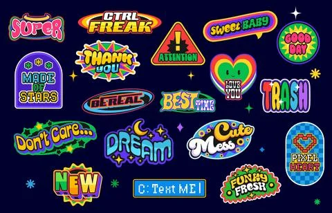Retro Y2K stickers, patch labels set, heart smile Stock Illustration