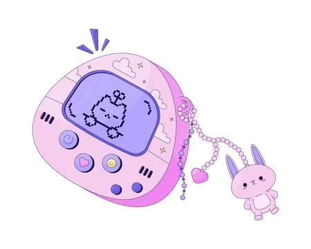 Retro Y2K virtual pet device with cute bunny charm 2D cartoon object Stock Illustration