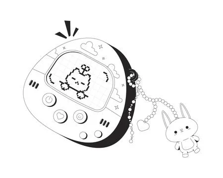 Retro Y2K virtual pet device with cute bunny charm 2D line object Illustrazione stock