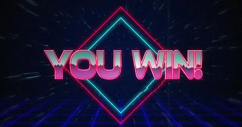 Retro You Win text glitching over blue and red squares 4k Stock Illustration