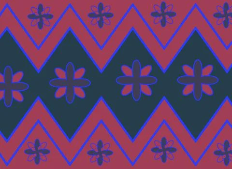 Retro Zigzag Floral Pattern Seamless Textile Design in Maroon Navy and Elec.. Stock Illustration