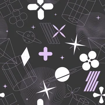 Retrofuturism dark pattern, seamless background with abstract geometric shapes Stock-Illustration